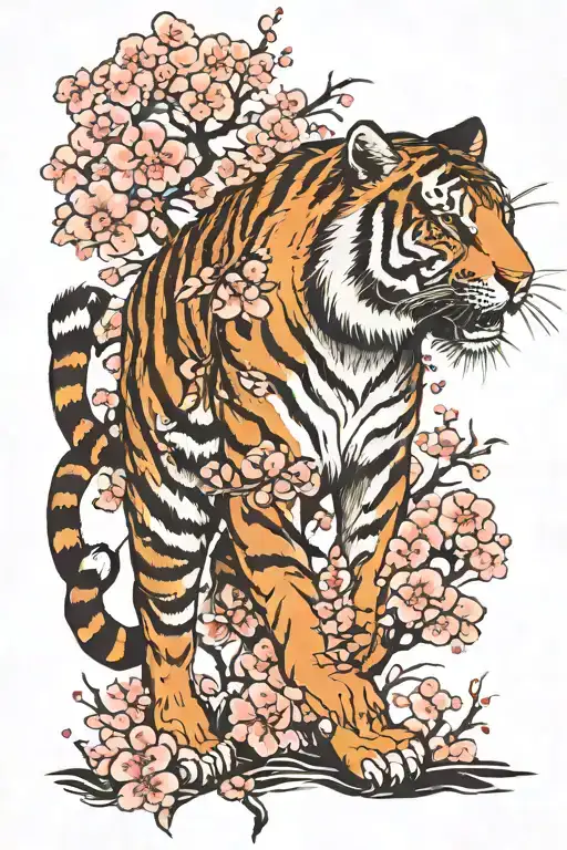A Tiger Walking With A Tiger Walking Around It With Cherry Blossoms