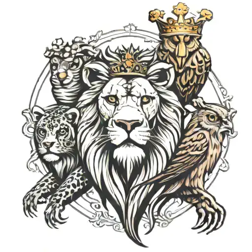 Lion With Owl And Bear With A Crown