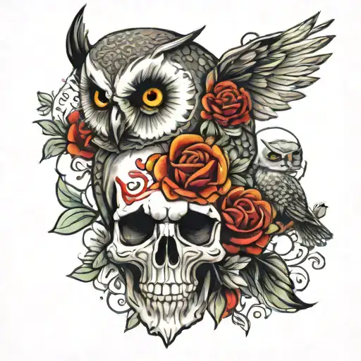 Skull With Owl With Flowers