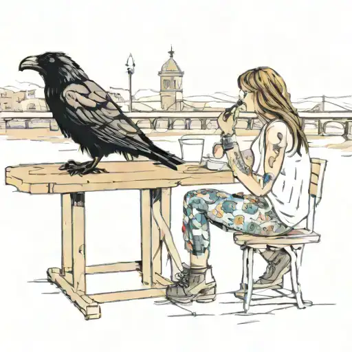 Girl Sitting In An Outdoor Cafe Feeding A Raven French Fries At Her Table Next To A Riverwalk