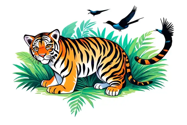 Tiger Cub Sitting In Front Of Jungle Looking At Birds Flying