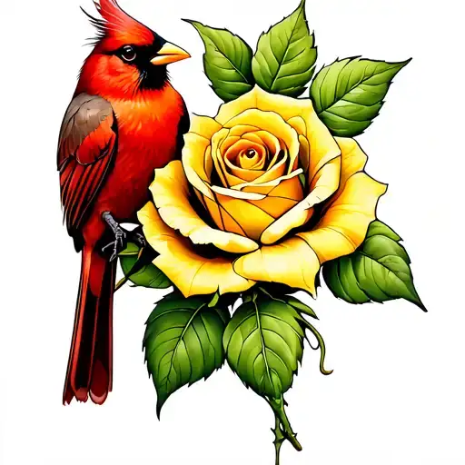 Cardinal Perched On Yellow Rose