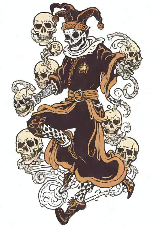 Full Body Jester With A Skull Face Dancing While Juggling With Skulls