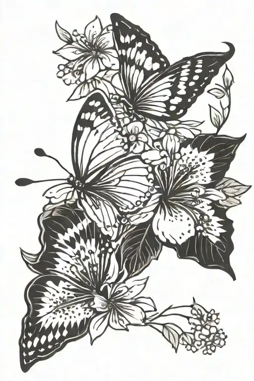 Butterfly With Hibiscus And Daisy Flowers Minimal