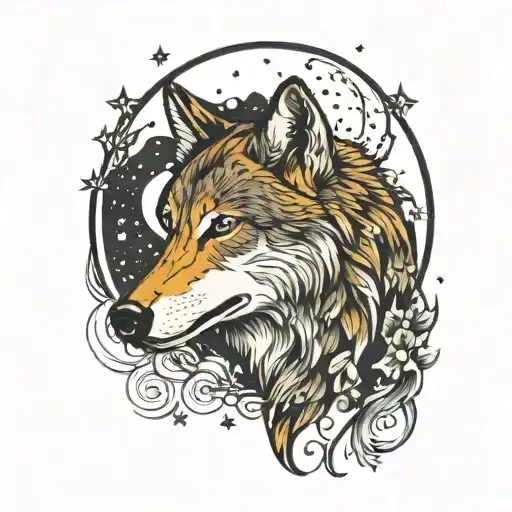 Wolf Howling At The Moon Surrounded By Stars