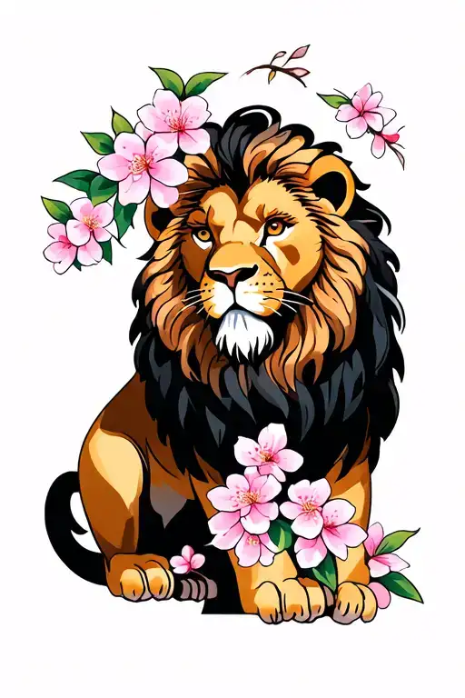 Lion Surrounded By Cherry Blossoms