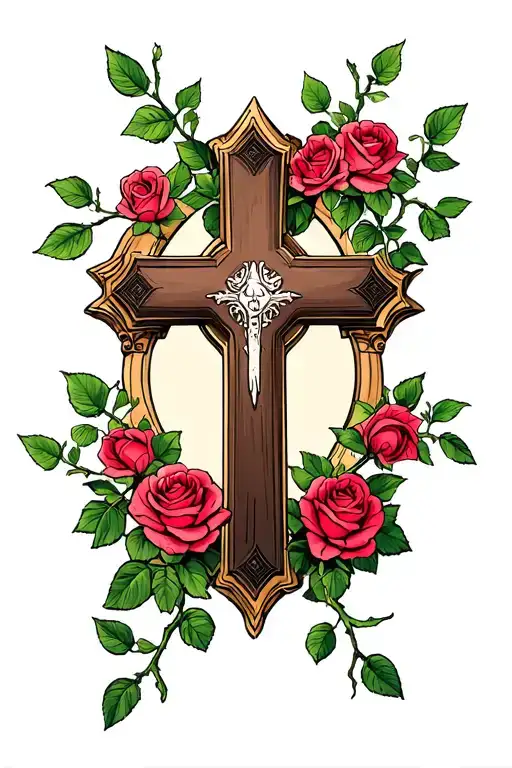 Empty Cross Surrounded With Rose Vine Growing