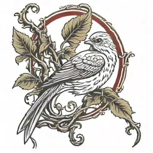 Nightingale On A Red Background In An Arch Entwined With Vines