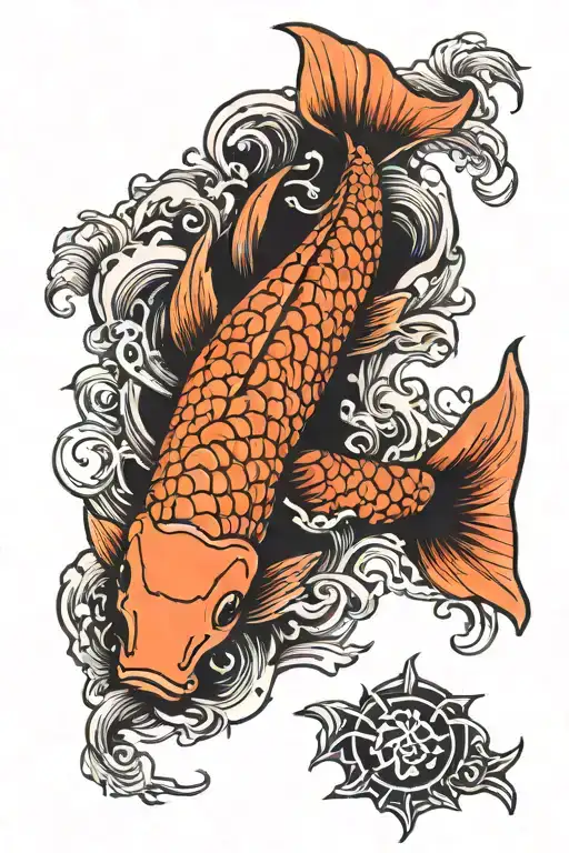 Koi Fish And Sun With Japanese Insciption In Between
