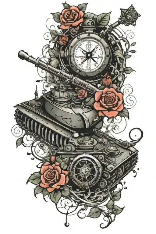 Army Tank With Compass And Crossed Swords Surrounded By Roses And Vines