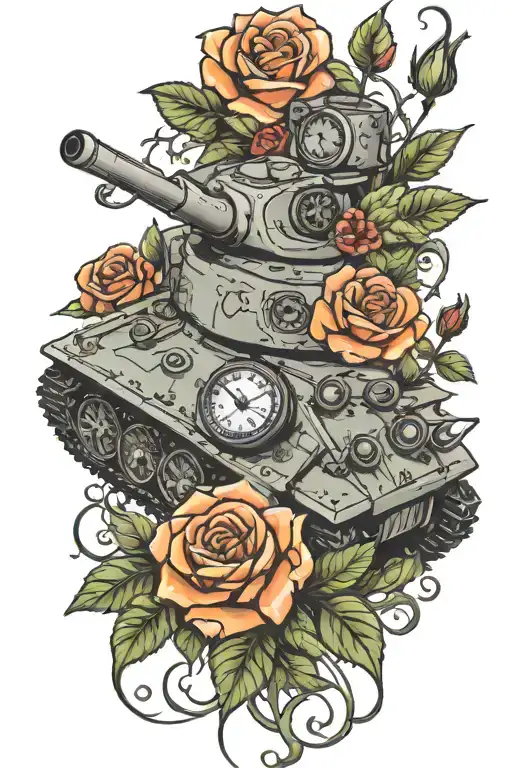 Army Tank With Compass Surrounded By Roses And Vines With Guns
