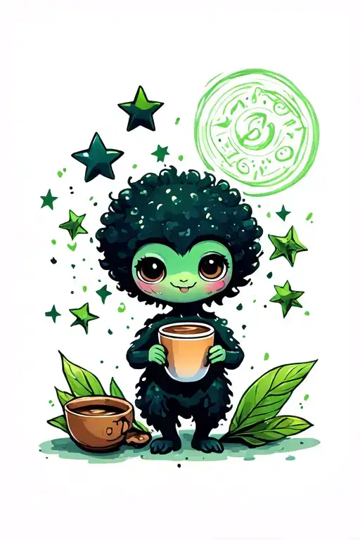 Soot Sprite Holding Coffee And Green Star