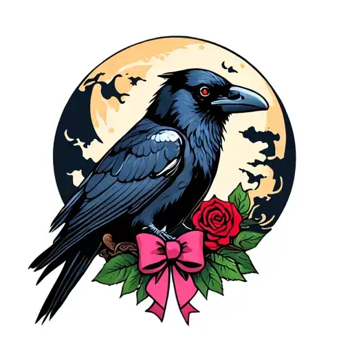 A Raven Sitting In Front Of A Moon With A Red Rose And Pink Bow On A Pirate Ship
