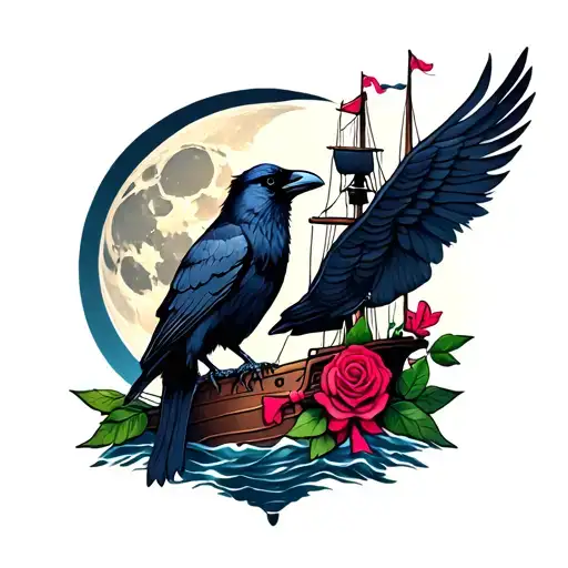 A Raven Sitting In Front Of A Moon With A Red Rose And Pink Bow On A Pirate Ship