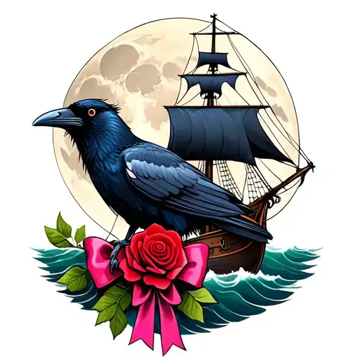 A Raven Sitting In Front Of A Moon With A Red Rose And Pink Bow On A Pirate Ship
