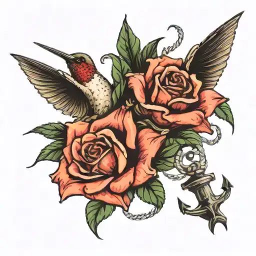 Roses And Lilly Being Hovered By Humming Bird With Boat Anchor In Background