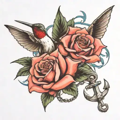 Roses And Lilly Being Hovered By Humming Bird With Boat Anchor In Background