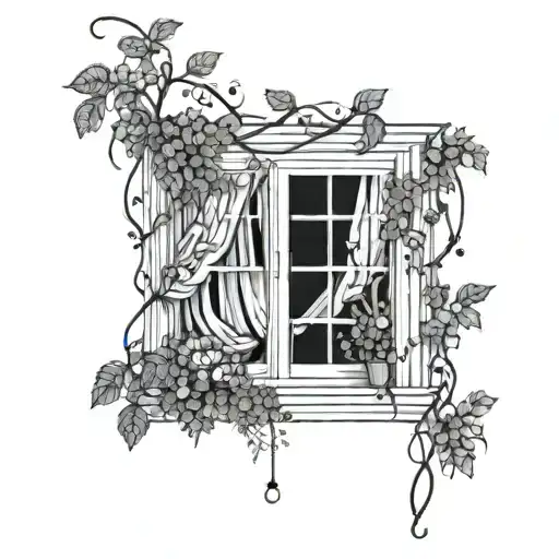 Black And White Window With Curtains Surrounded By Vines