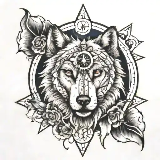 Compass With A Fierce Wolf And Third Eye