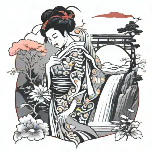 Japanese Abstract With Geisha And Waterfall