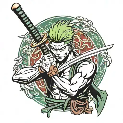 Roronoa Zoro With His Three Swords And A Japanese Dragon In The Background