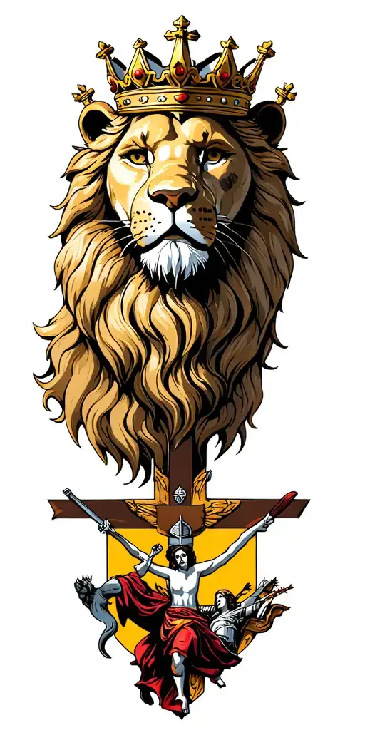 Lion Wearing A Crown With The Crucifixion Of Jesus And A Crusader In Battle At The Bottom