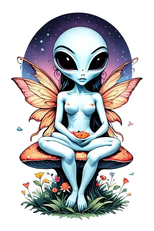 Enlightened Alien Sitting With A Fairy On A Mushroom