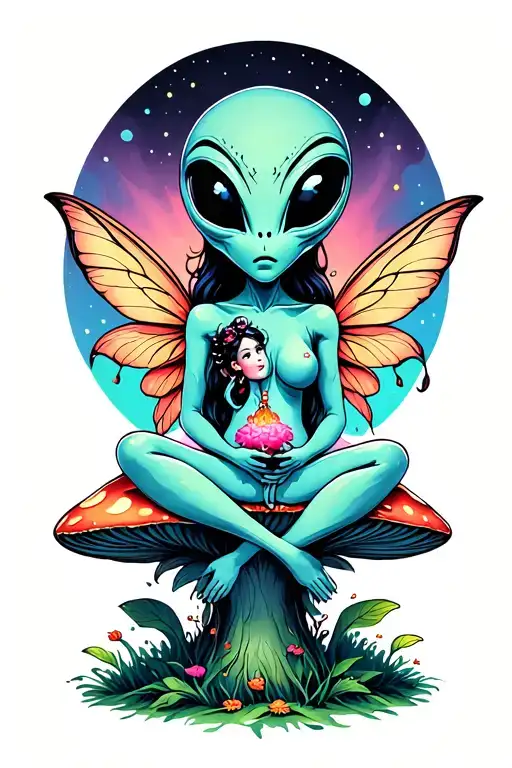 Enlightened Alien Sitting With A Fairy On A Mushroom
