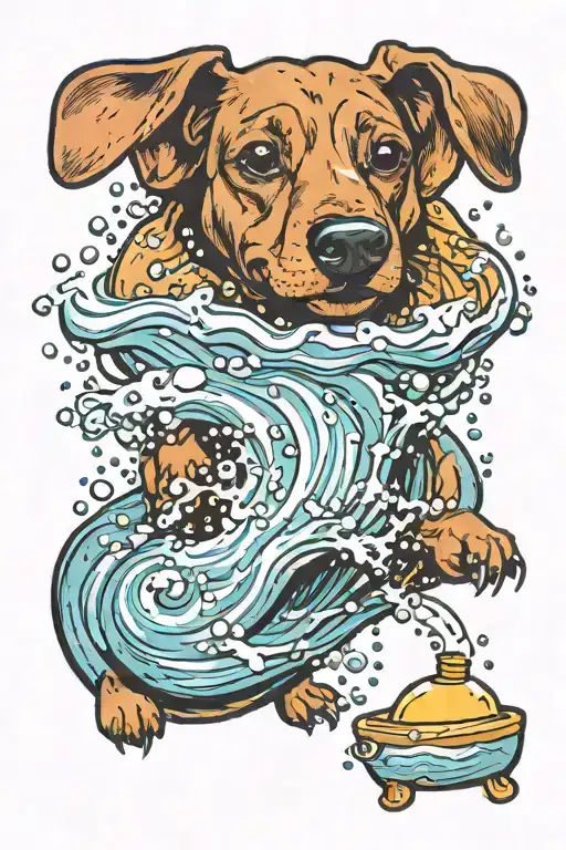 Wiener Dog Playing On His Back With Suds Of Water And Soap Like A River