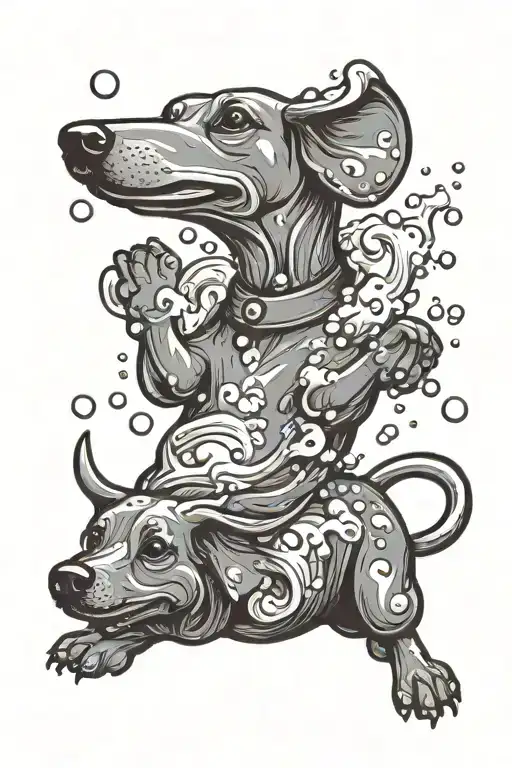 Wiener Dog Playing On His Back With Suds Of Water And Soap Like A River