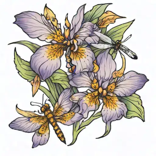 Iris And Dragonfly Flying