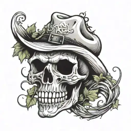 Vines Wrapping Skull Wearing Cowboy Hat