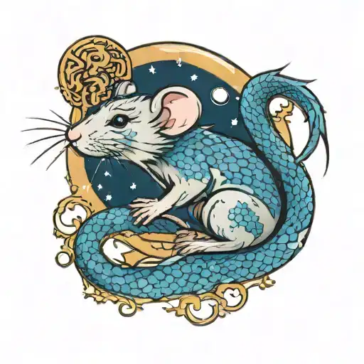 Cute Rat With Blue Scales Of Chinese Dragon Playing With The Moon In Full Size