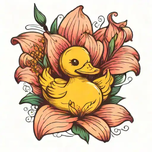 Rubber Duck In Front Of A Single Lily Flower
