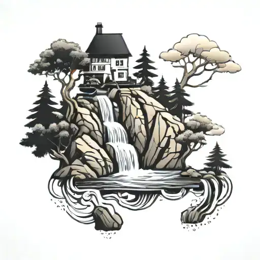 Blackwork Floating Island With Waterfall