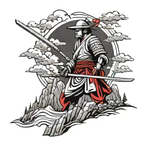 Katana Samurai Standing Atop A Mountain
