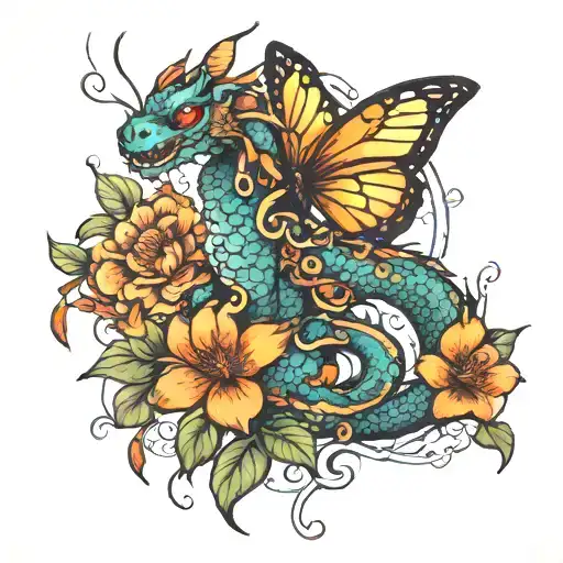 Dragon Butterfly Flowers Vines