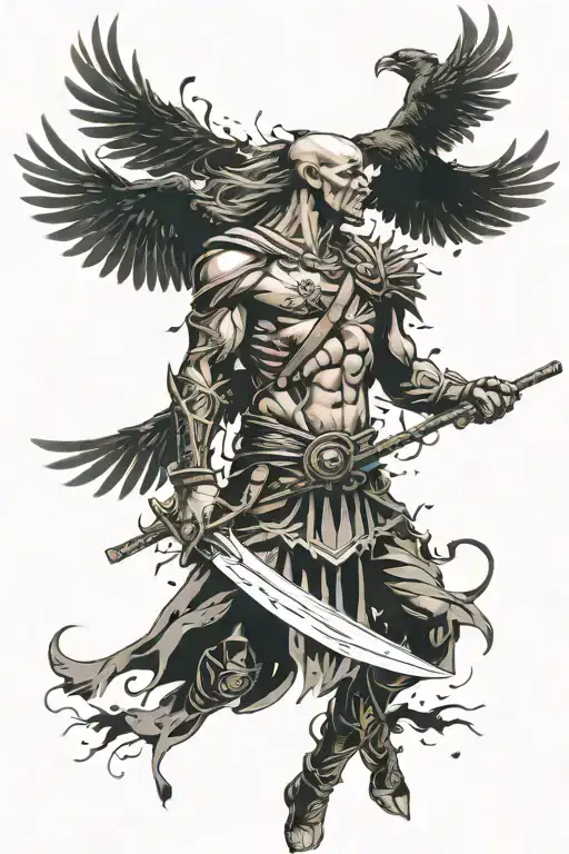 Full Arm Tattoo Of A Silluouetted Warrior Surrounded By An Explosion Of Ravens