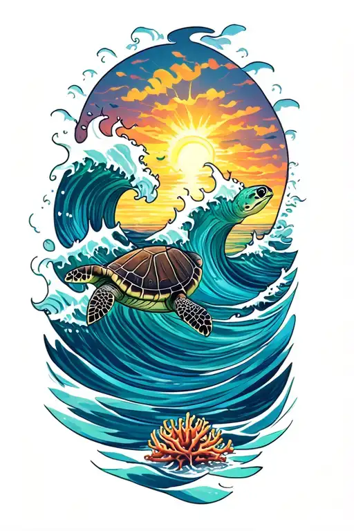 Ocean Waves Sea Turtle Stormy Sky Ray Of Sunset Coral Reef