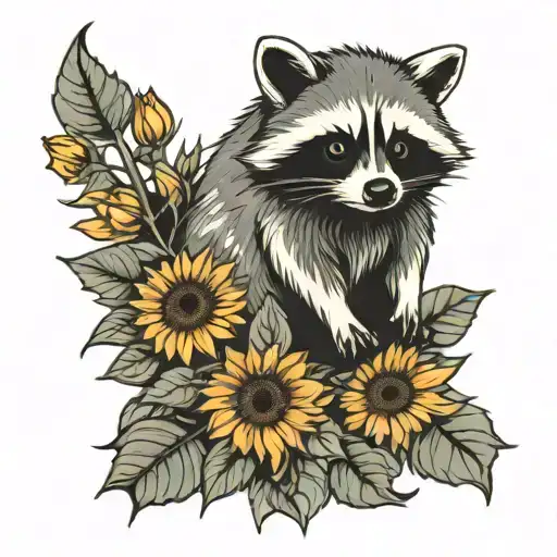 Racoon And Sunflower Growing