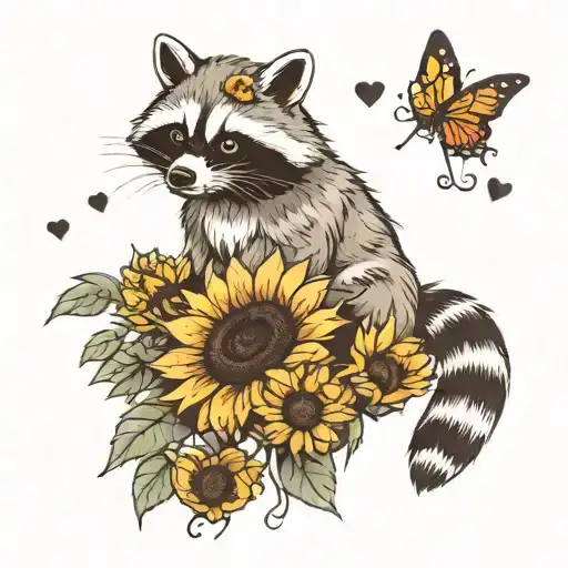 Racoon And Sunflower Growing With Hearts Surrounded