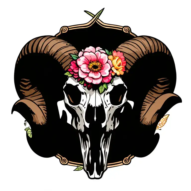 Ram Skull With Flowers Intertwined
