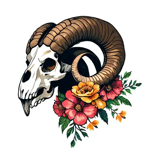Ram Skull Side Profile With Flowers Wrapped