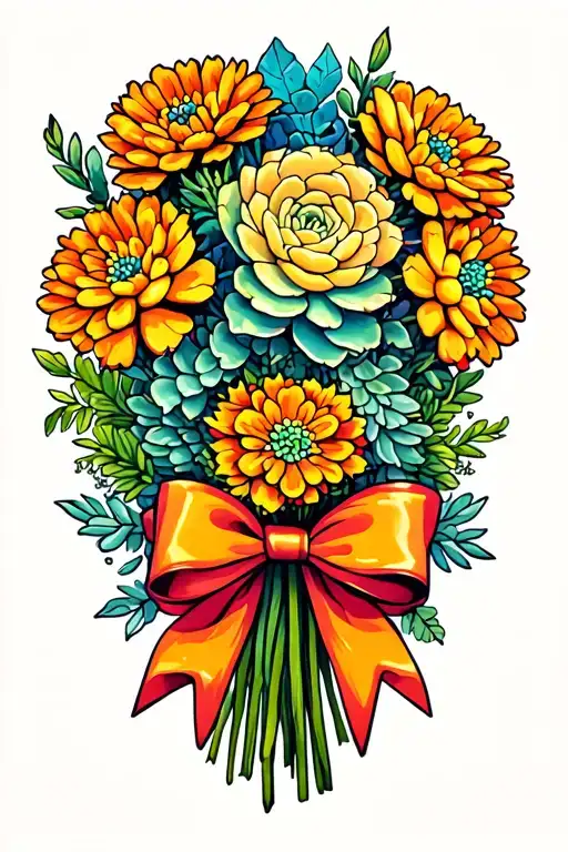 Marigold Flower Bouquet Bow Of Succulents