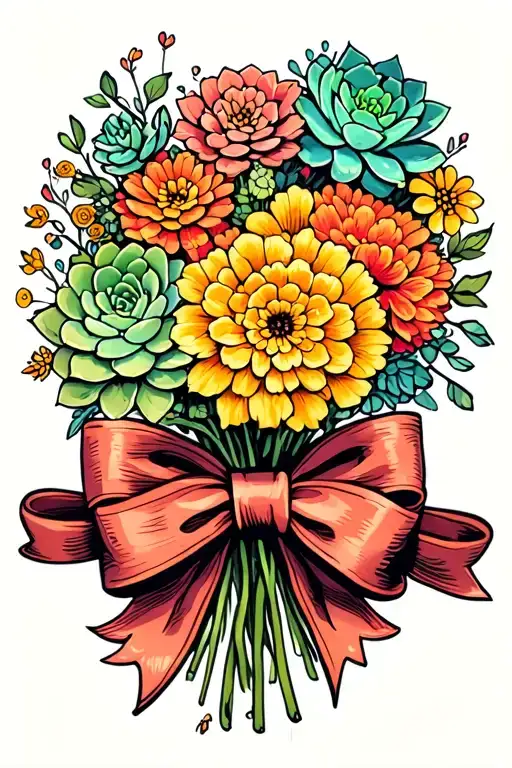 Marigold Flower Bouquet Bow Of Succulents