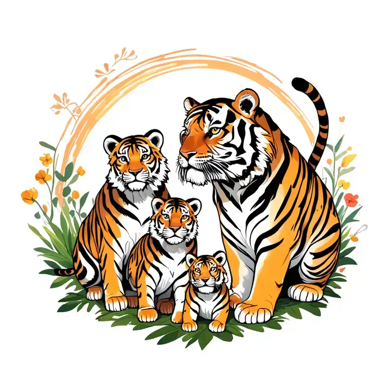 Momma Tiger And 4 Cubs Playing