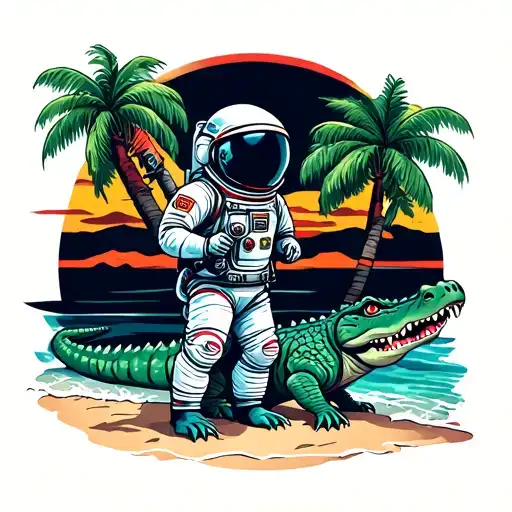 Astronaut And Alligator On A Beach Scene With Palm