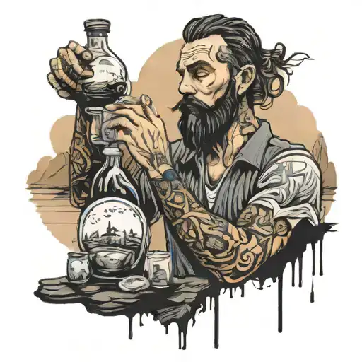 A Barman Pouring A Drink While Meditating In A Mountain Landscape