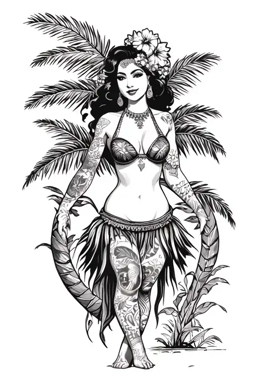 Hula Girl Pin Up With Tattoos Standing With Palm Tree