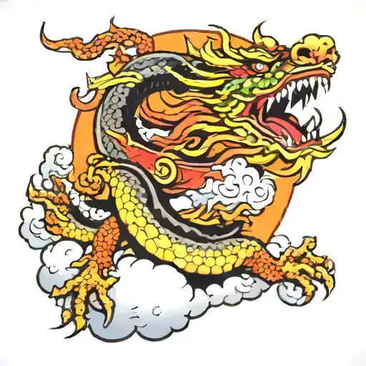 Clouds With Fire Rays And Chinese Dragon On The Forearm Part Of